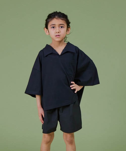 PAIRMANON STREET（ペアマノンストリート）の「【PAIRMANON STREET】無地 スキッパー 半袖 Tシャツ 異素材 セットアップ（セットアップ・キッズ・ブルー系その他/イエロー/ベージュ系その他/ブラック系その他・90/100/150/110/140/130/120）」の5枚目の写真