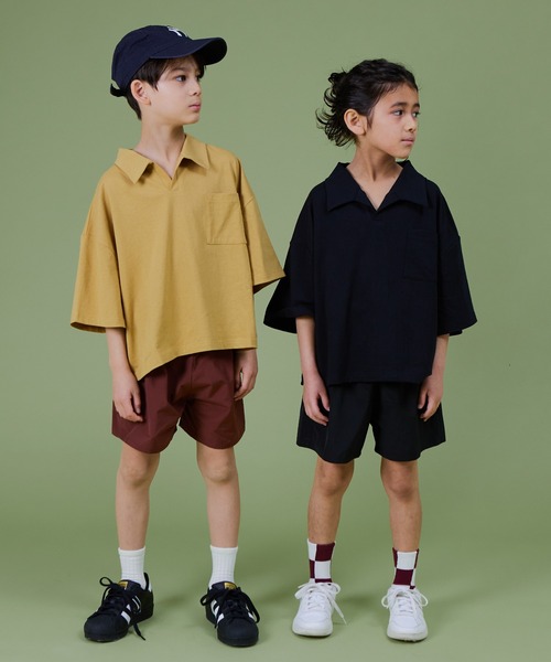 PAIRMANON STREET（ペアマノンストリート）の「【PAIRMANON STREET】無地 スキッパー 半袖 Tシャツ 異素材 セットアップ（セットアップ・キッズ・ブルー系その他/イエロー/ベージュ系その他/ブラック系その他・90/100/150/110/140/130/120）」の6枚目の写真