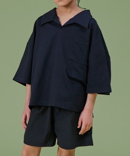 PAIRMANON STREET（ペアマノンストリート）の「【PAIRMANON STREET】無地 スキッパー 半袖 Tシャツ 異素材 セットアップ（セットアップ・キッズ・ブルー系その他/イエロー/ベージュ系その他/ブラック系その他・90/100/150/110/140/130/120）」の7枚目の写真