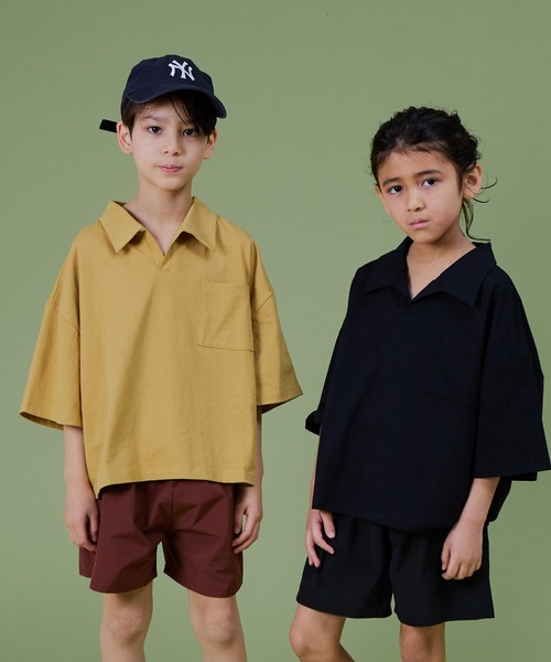 PAIRMANON STREET（ペアマノンストリート）の「【PAIRMANON STREET】無地 スキッパー 半袖 Tシャツ 異素材 セットアップ（セットアップ・キッズ・ブルー系その他/イエロー/ベージュ系その他/ブラック系その他・90/100/150/110/140/130/120）」の10枚目の写真