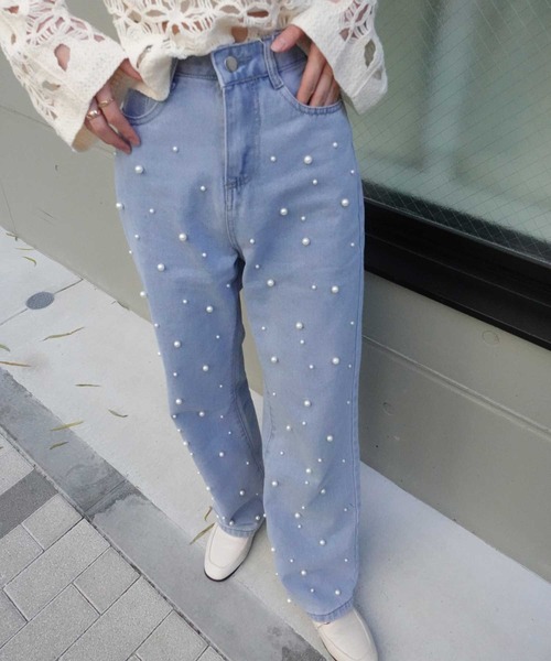 CORNERS(コーナーズ)の「ランダムパール付きハイウエストデニムパンツ(デニムパンツ・レディース・ブラック/ブルー・L/S/M/XL)」の5枚目の写真