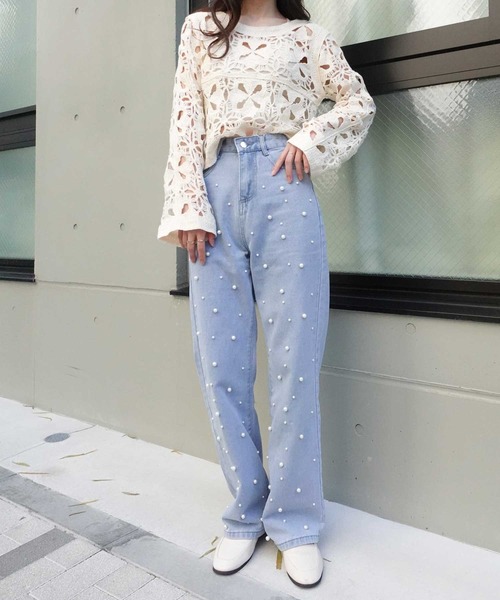 CORNERS(コーナーズ)の「ランダムパール付きハイウエストデニムパンツ(デニムパンツ・レディース・ブラック/ブルー・L/S/M/XL)」の6枚目の写真