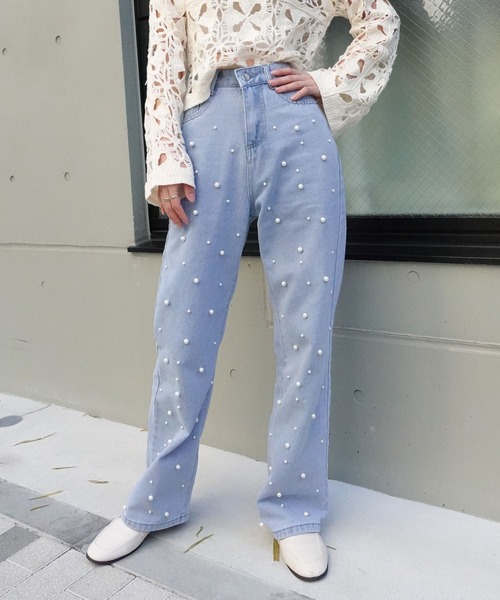 CORNERS(コーナーズ)の「ランダムパール付きハイウエストデニムパンツ(デニムパンツ・レディース・ブラック/ブルー・L/S/M/XL)」の7枚目の写真