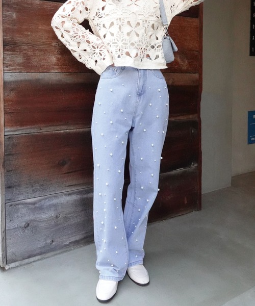 CORNERS(コーナーズ)の「ランダムパール付きハイウエストデニムパンツ(デニムパンツ・レディース・ブラック/ブルー・L/S/M/XL)」の9枚目の写真