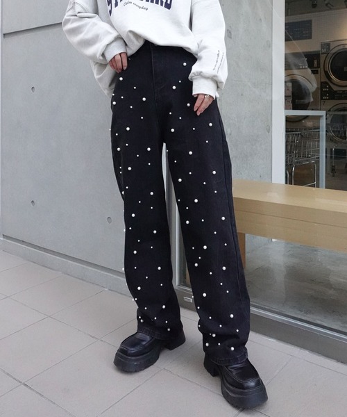 CORNERS(コーナーズ)の「ランダムパール付きハイウエストデニムパンツ(デニムパンツ・レディース・ブラック/ブルー・L/S/M/XL)」の12枚目の写真