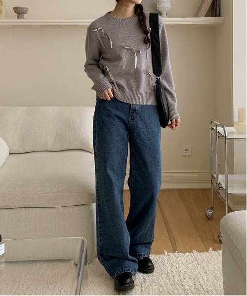 by muni:r（バイ ムニール）の「ラブリーリボンラウンドネックニット（ニット/セーター・レディース・グリーン/ネイビー/グレー/アイボリー・FREE）」の18枚目の写真