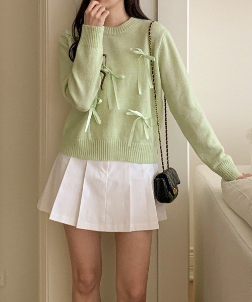 by muni:r（バイ ムニール）の「ラブリーリボンラウンドネックニット（ニット/セーター・レディース・グリーン/ネイビー/グレー/アイボリー・FREE）」の22枚目の写真