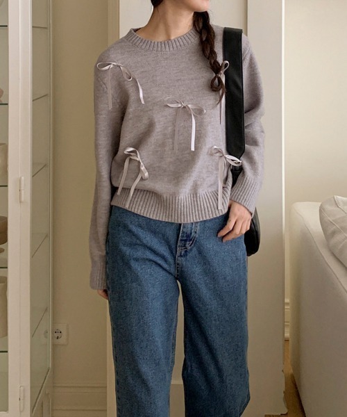 by muni:r（バイ ムニール）の「ラブリーリボンラウンドネックニット（ニット/セーター・レディース・グリーン/ネイビー/グレー/アイボリー・FREE）」の14枚目の写真