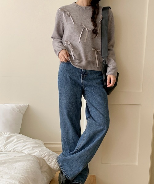 by muni:r（バイ ムニール）の「ラブリーリボンラウンドネックニット（ニット/セーター・レディース・グリーン/ネイビー/グレー/アイボリー・FREE）」の15枚目の写真