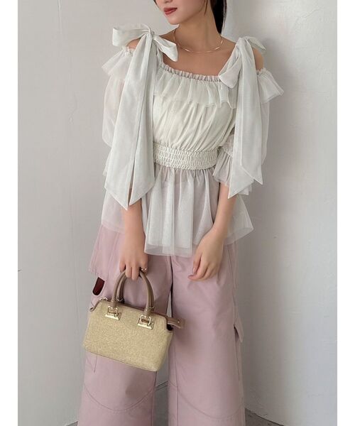 dazzlin（ダズリン）の「チュールリボンペプラム2wayトップス（シャツ/ブラウス・レディース・ブラック/オフホワイト/ブルー/ピンク・FREE）」の12枚目の写真