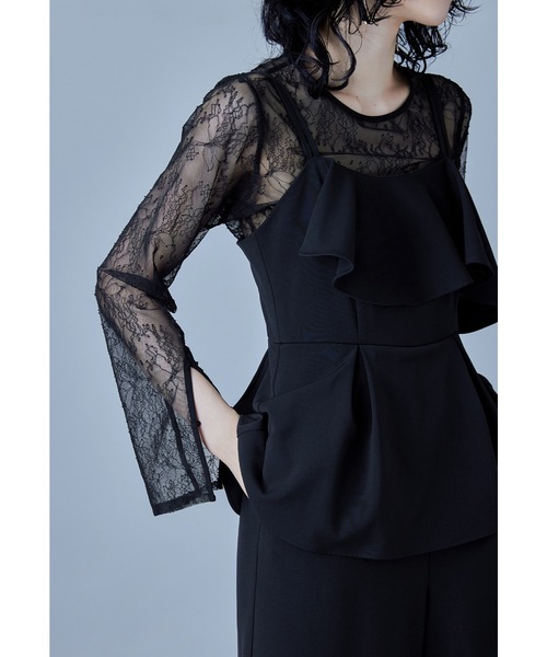 シアーインナートップススリットスリーブレースドットフォーマル結婚式パーティードレス