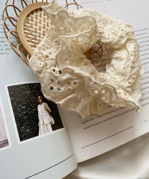 pur chouchou/カットワーク フラワー刺繍 フリル シュシュ P4205