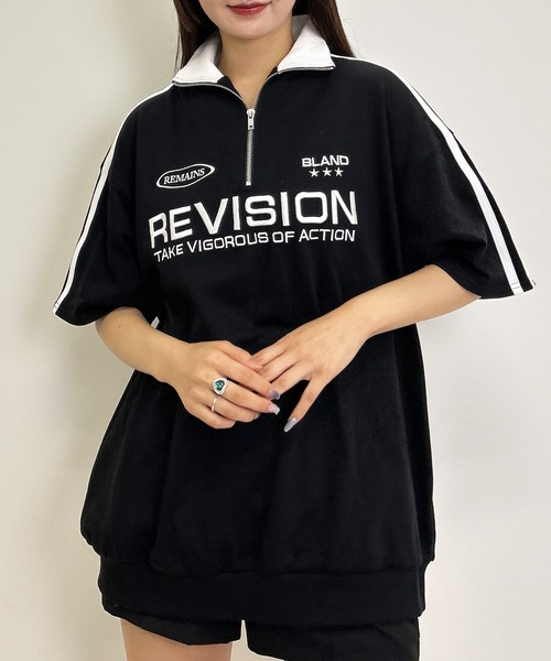 INGNI（イング）の「ハーフZIP袖ラインスポーツロゴチュニック（スウェット・レディース・ブラック/オフホワイト/オートミール・M）」の3枚目の写真