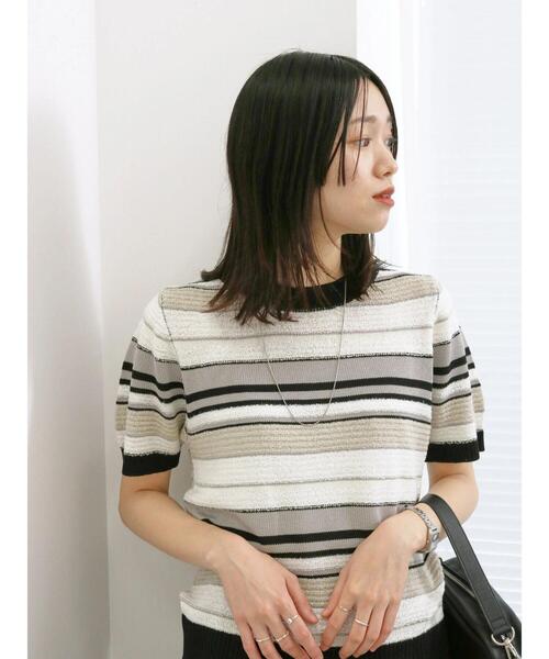 Samansa Mos2 blue（サマンサモスモスブルー）の「マルチボーダーニットプルオーバー（ニット/セーター・レディース・ミント/イエロー/ブラック・F）」の2枚目の写真