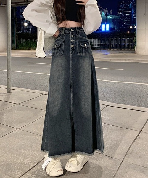 gossip!ロサンゼルス(ゴシップロサンゼルス)の「ハイウェストデニムロングスカート(デニムスカート・レディース・インディゴブルー・L/S/M)」の1枚目の写真
