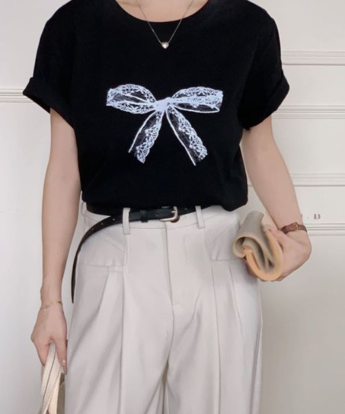 Diosfront(ディオスフロント)の「プリントリボン半袖Tシャツ(Tシャツ/カットソー・レディース・ホワイト/ブラック/グレー・FREE)」の9枚目の写真