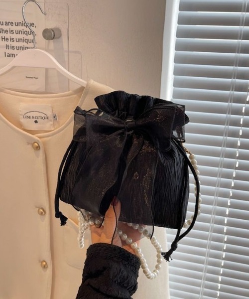 H.TOKYO（エイチトウキョウ）の「レースリボン パールショルダーバッグ/巾着（ショルダーバッグ・レディース・ホワイト/ピンク/パープル/ブラック・FREE）」の5枚目の写真