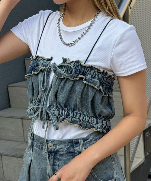 CIAOPANIC（チャオパニック）の「オーバーダイデニムシャーリングビスチェ（シャツ/ブラウス・レディース・ブルー・ONE SIZE）」の9枚目の写真