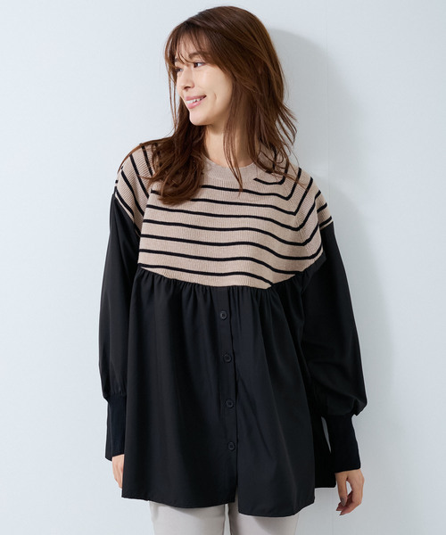 Jayro（ジャイロ）の「ボーダーニット異素材切替プルオーバー（Tシャツ/カットソー・レディース・ブラック/グレー/ベージュ・FREE）」の3枚目の写真