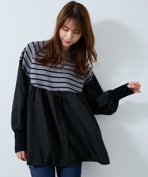Jayro（ジャイロ）の「ボーダーニット異素材切替プルオーバー（Tシャツ/カットソー・レディース・ブラック/グレー/ベージュ・FREE）」の2枚目の写真