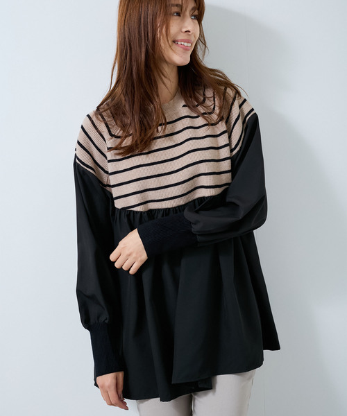 Jayro（ジャイロ）の「ボーダーニット異素材切替プルオーバー（Tシャツ/カットソー・レディース・ブラック/グレー/ベージュ・FREE）」の6枚目の写真