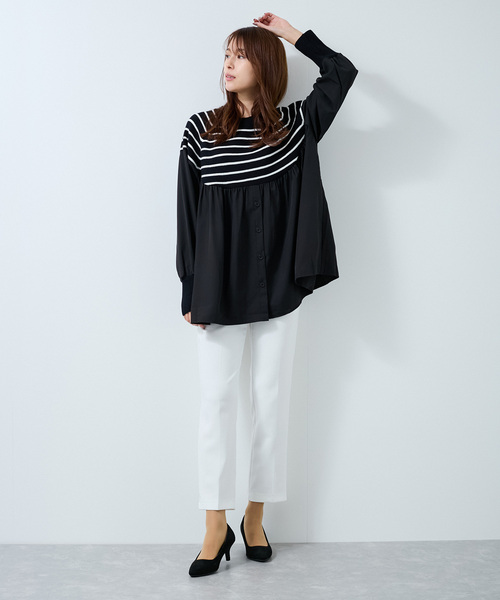 Jayro（ジャイロ）の「ボーダーニット異素材切替プルオーバー（Tシャツ/カットソー・レディース・ブラック/グレー/ベージュ・FREE）」の12枚目の写真