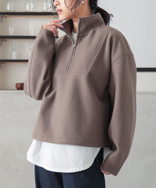 n'OrLABEL(ノアールレーベル)の「フラノライクハーフジッププルオーバー(スウェット・レディース・ベージュ/チャコール/ブラウン・FREE)」の1枚目の写真