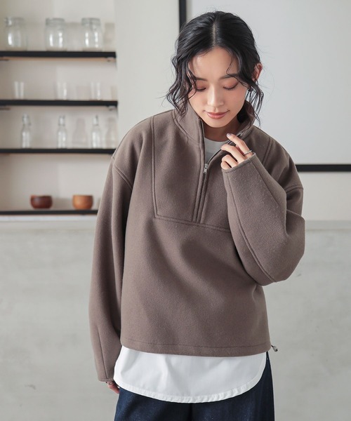 n'OrLABEL(ノアールレーベル)の「フラノライクハーフジッププルオーバー(スウェット・レディース・ベージュ/チャコール/ブラウン・FREE)」の7枚目の写真