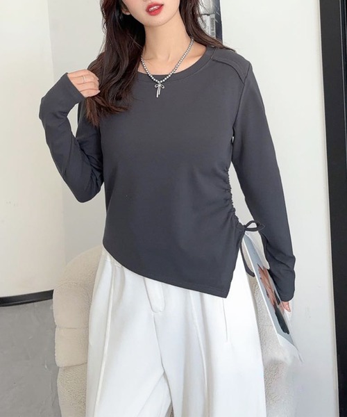 aimoha(アイモハ)の「サイドリボンロングスリーブトップス(Tシャツ/カットソー・レディース・ホワイト/ワインレッド/ブラック/チョコ/カーキ/グレー・FREE)」の3枚目の写真