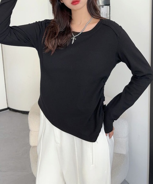 aimoha(アイモハ)の「サイドリボンロングスリーブトップス(Tシャツ/カットソー・レディース・ホワイト/ワインレッド/ブラック/チョコ/カーキ/グレー・FREE)」の9枚目の写真
