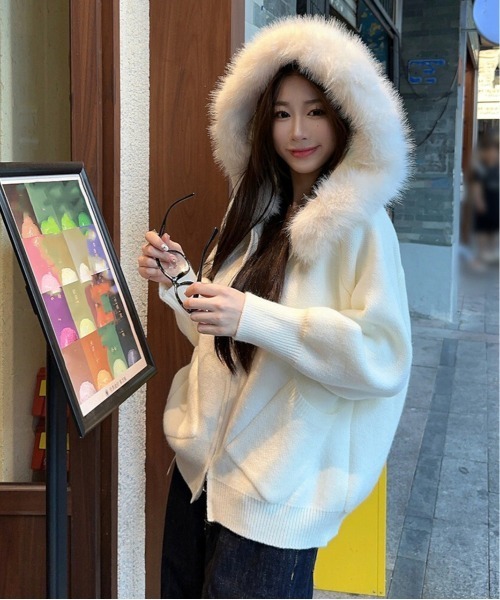 gossip！ロサンゼルス（ゴシップロサンゼルス）の「Y2K エコファー フード ジップアップ  パーカー（パーカー・レディース・オフホワイト/ブラウン/グレー/ブルー・FREE）」の10枚目の写真