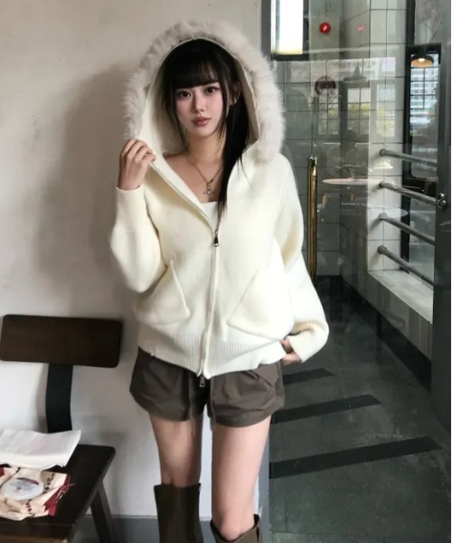 セール】Y2K エコファー フード ジップアップ パーカー（パーカー