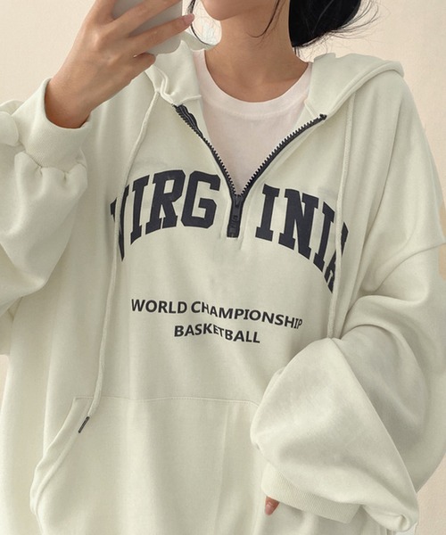 セール】オーバーサイズ 英字ロゴ ハーフZIP 長袖パーカー セール】オーバーサイズ 英字ロゴ ハーフZIP 長袖パーカー