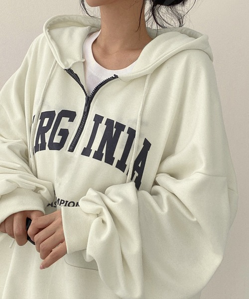 セール】オーバーサイズ 英字ロゴ ハーフZIP 長袖パーカー