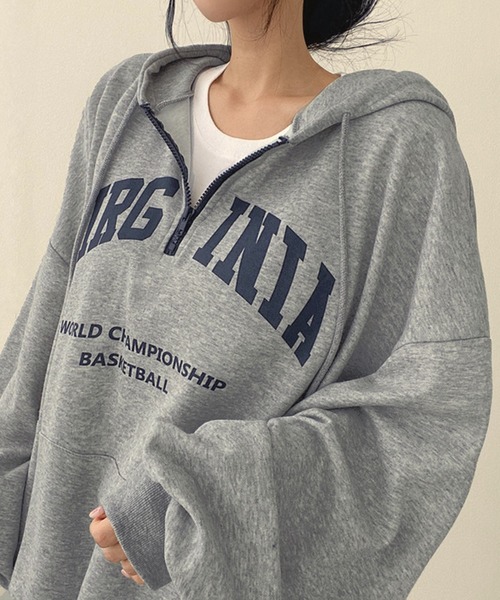 オーバーサイズ 英字ロゴ ハーフZIP 長袖パーカー（パーカー