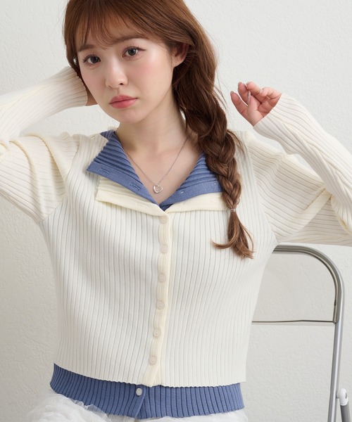 RAY CASSIN（レイカズン）の「配色レイヤードボタンカーディガン（ニット/セーター・レディース・グレー系その他2/ホワイト系その他2/レッド系その他2/ネイビー/ホワイト系その他3・FREE）」の3枚目の写真