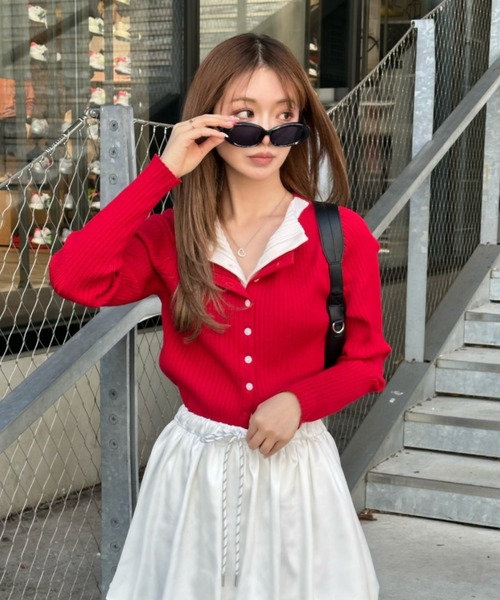 RAY CASSIN（レイカズン）の「配色レイヤードボタンカーディガン（ニット/セーター・レディース・グレー系その他2/ホワイト系その他2/レッド系その他2/ネイビー/ホワイト系その他3・FREE）」の5枚目の写真