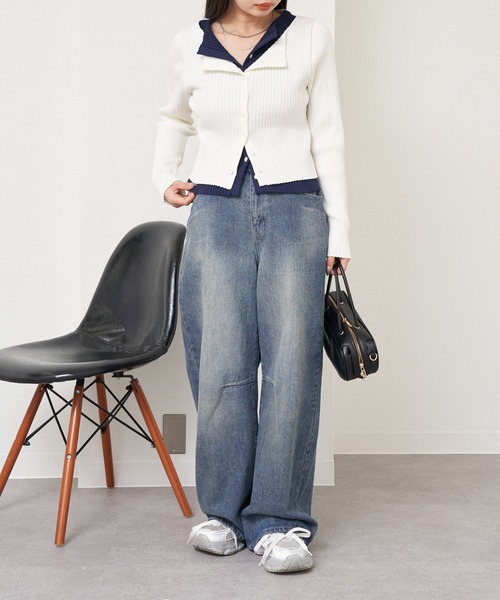 RAY CASSIN（レイカズン）の「配色レイヤードボタンカーディガン（ニット/セーター・レディース・グレー系その他2/ホワイト系その他2/レッド系その他2/ネイビー/ホワイト系その他3・FREE）」の6枚目の写真