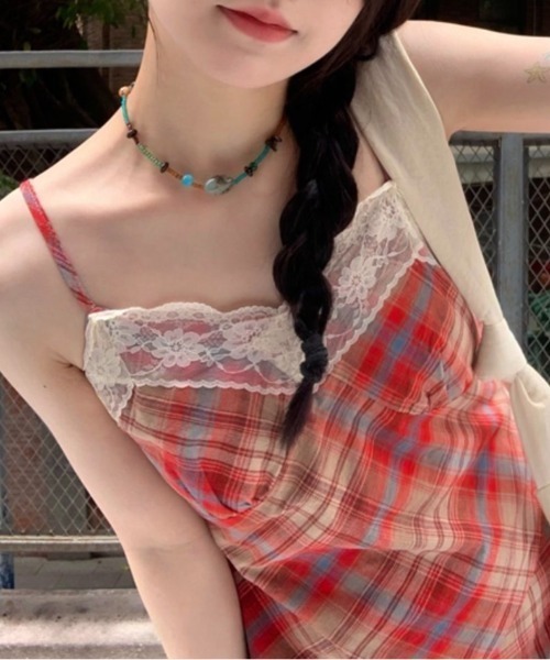 LADY LIKE(レディライク)の「バイアスチェックレース付きキャミワンピース(ワンピース・レディース・レッド・M)」の5枚目の写真