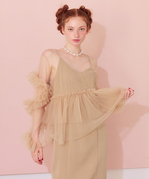 darial（ダリアル）の「【darial】frill tule tops フリルチュール 単品 トップス お呼ばれ 結婚式 二次会 成人式 同窓会 セレモニードレス パーティドレス オケージョンドレス（ドレス・レディース・ネイビー/アイボリー/ブラック/グリーン/ベージュ/ピンク・フリー）」の4枚目の写真