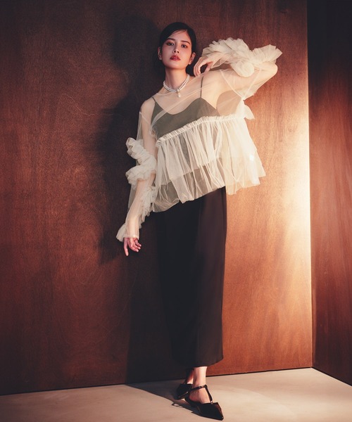 darial（ダリアル）の「【darial】frill tule tops フリルチュール 単品 トップス お呼ばれ 結婚式 二次会 成人式 同窓会 セレモニードレス パーティドレス オケージョンドレス（ドレス・レディース・ネイビー/アイボリー/ブラック/グリーン/ベージュ/ピンク・フリー）」の10枚目の写真