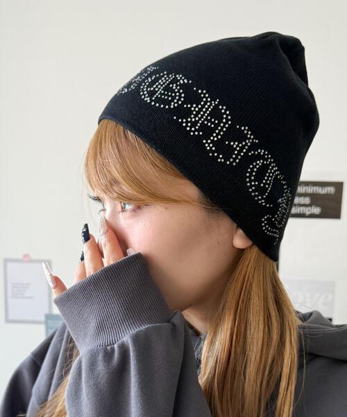 WEGO（ウィゴー）の「WEGO/【25年春夏新作】ラインストーンシングルニットワッチ（ニットキャップ/ビーニー・レディース・ブラック/ホワイト・FREE）」の5枚目の写真