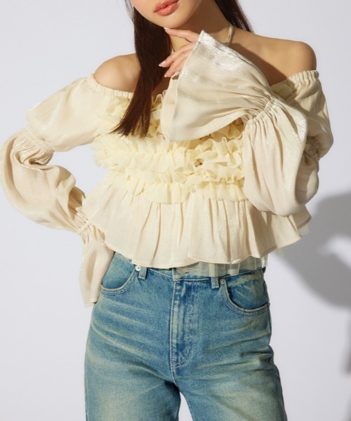 rienda（リエンダ）の「【岡崎紗絵さん着用アイテム】フリルオフショルブラウス　シアートップス 春服（シャツ/ブラウス・レディース・ホワイト/イエロー/ブラック・FREE）」の3枚目の写真