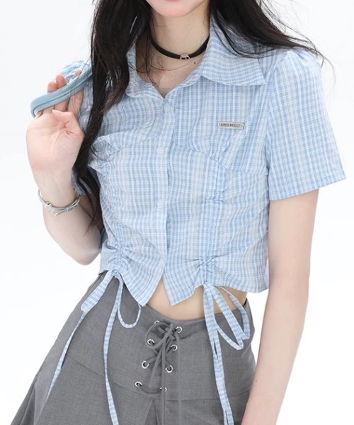 Sibra(シブラ)の「ドロストクロップドシャツ(シャツ/ブラウス・レディース・ホワイト×ブラック/ブルー/ホワイト/ネイビー・M)」の5枚目の写真