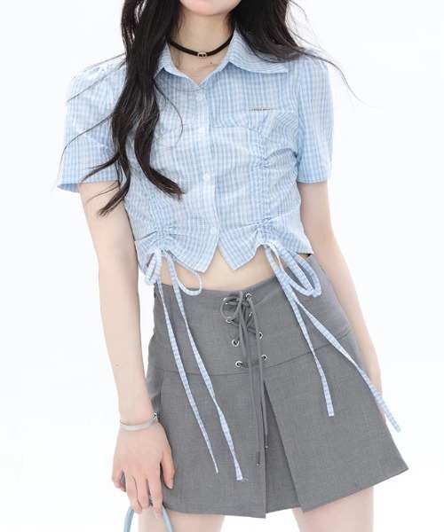 Sibra(シブラ)の「ドロストクロップドシャツ(シャツ/ブラウス・レディース・ホワイト×ブラック/ブルー/ホワイト/ネイビー・M)」の7枚目の写真