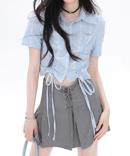 Sibra(シブラ)の「ドロストクロップドシャツ(シャツ/ブラウス・レディース・ホワイト×ブラック/ブルー/ホワイト/ネイビー・M)」の8枚目の写真