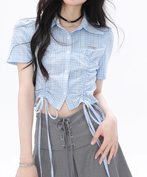 Sibra(シブラ)の「ドロストクロップドシャツ(シャツ/ブラウス・レディース・ホワイト×ブラック/ブルー/ホワイト/ネイビー・M)」の10枚目の写真