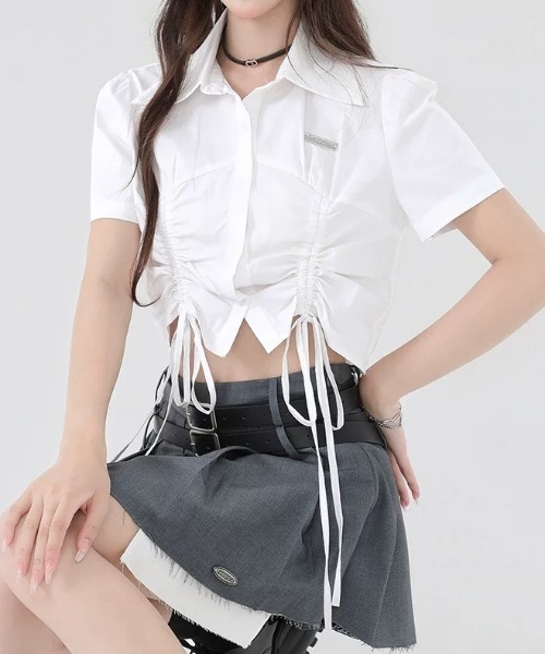 Sibra(シブラ)の「ドロストクロップドシャツ(シャツ/ブラウス・レディース・ホワイト×ブラック/ブルー/ホワイト/ネイビー・M)」の12枚目の写真