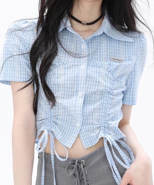 Sibra(シブラ)の「ドロストクロップドシャツ(シャツ/ブラウス・レディース・ホワイト×ブラック/ブルー/ホワイト/ネイビー・M)」の13枚目の写真