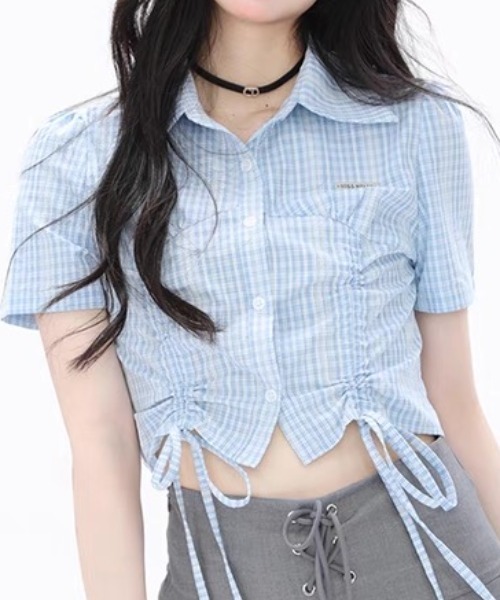 Sibra(シブラ)の「ドロストクロップドシャツ(シャツ/ブラウス・レディース・ホワイト×ブラック/ブルー/ホワイト/ネイビー・M)」の14枚目の写真